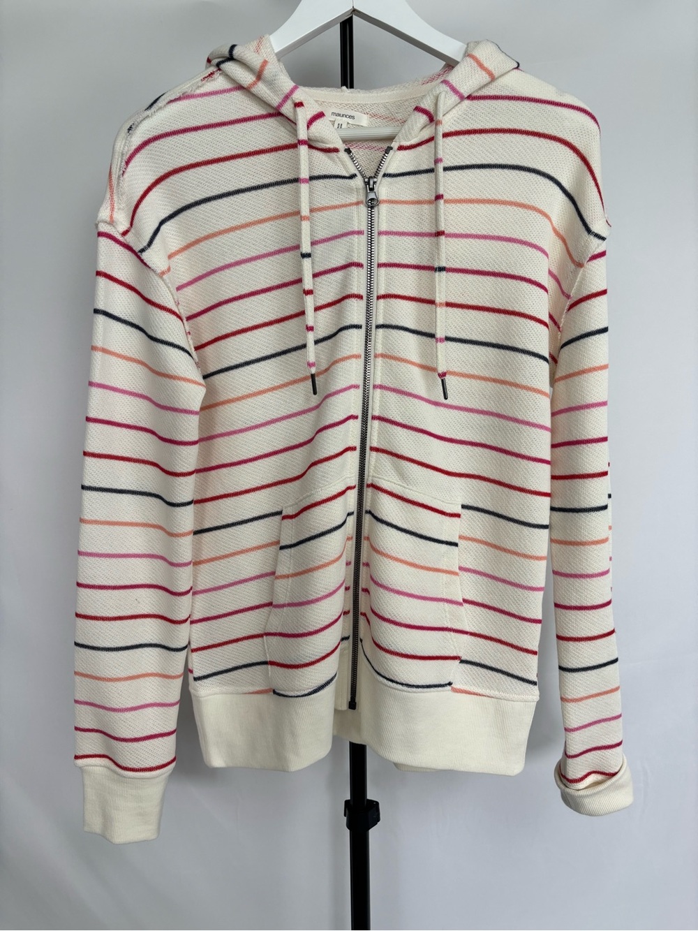Maurices Cream Hooded Zip Jacket with Pink, Red & Navy Stripes NWT